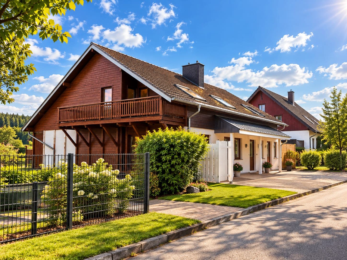 Außenansicht des Holzhauses mit Balkon, Garten und Zaun (digital bearbeitet)